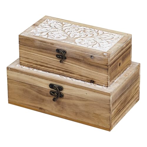 2 Piece Tree of Life Carved Wooden Keepsake Boxes with Lids, Decorative Storage Boxes for Home decor, Trinket Box for Jewelry and Memorabilia - color: Torched brown, size: 2 Sets