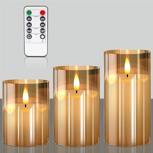VIEWELLD Gold Glass Flameless Candles with Remote and Timer, Battery Operated Candles, LED Pillar Candles, Electric Fake Candles for Home Festival Party Decor. - color: Gold