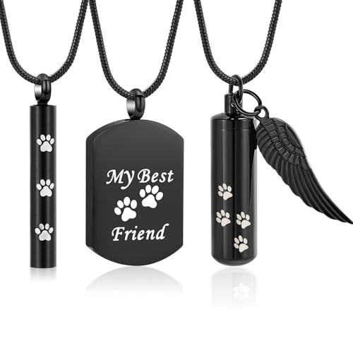 Hearbeingt Cylinder Cremation Jewelry Paw Print Urn Necklaces for Ashes | Stainless Steel,with Charm Wing,for Women Men,Memorial Necklace,Ash Pendant for Human Pet,Keepsake Jewelry,Gift,Fill Tool - color: 3PCS-Black