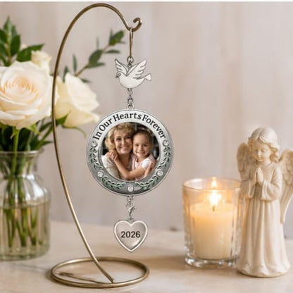 Memorial Christmas Photo Ornaments 2026, Set of 3 Remembrance Keepsakes, in Our Hearts Forever Sympathy Ornaments with Clear Gems, Floral Accents, Dove Hooks and Gift Bags, 3 Inch - size: 3 Pack