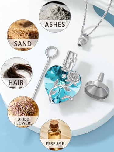 OCJ Heart Rose Flower Urn Necklace for Ashes Women Birthstone Cremation Necklaces Sterling Silver Memorial Cremation Jewelry Gifts - color: 03-March-Aquamarine