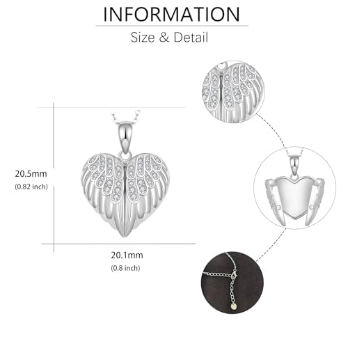SNOWELLE Angel Wings Locket Necklace Sterling Silver Angel Wings Jewelry | Heart Angel Wings Pendant Heart Jewelry Gifts for Women 18＋2'' inches Sterling Silver Chain