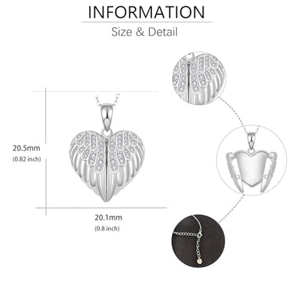 SNOWELLE Angel Wings Locket Necklace Sterling Silver Angel Wings Jewelry | Heart Angel Wings Pendant Heart Jewelry Gifts for Women 18＋2'' inches Sterling Silver Chain