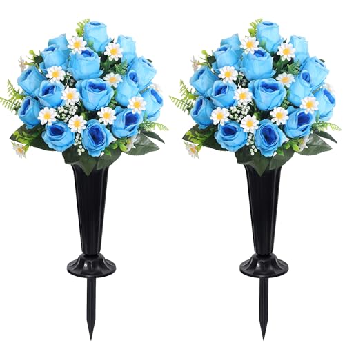 Wocst Cemetery Decorations for Grave Cemetery Silk Flowers with Vases for Outdoor Grave Decoration (Blue) - color: Blue, size: 2 Bouquet