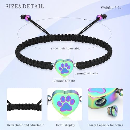 Cremation Bracelet for Pets Ashes Cat Dog Heart Paw Print Pendant Bangle Stainless Steel Memorial Urn Bracelet Cremation Jewelry - color: Rainbow