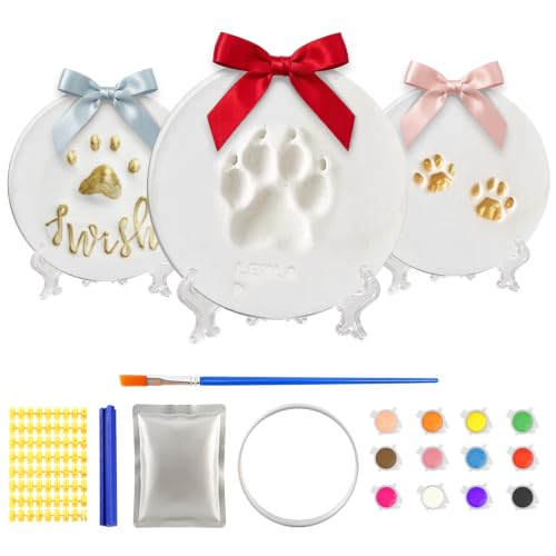 Pet Paw Print Clay Ornament Kit for Dogs & Cats, Non-Toxic Air Dry Clay Keepsake with Letter Stamps, Paints, Ribbon, Display Stand and Hanging Loop, Personalized Pet Memorial Gift
