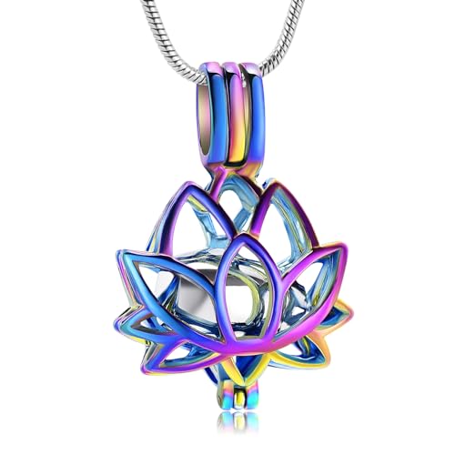 Cremation Jewelry for Ashes Pendant - Lotus Urn Necklace with Mini Keepsake Urn Memorial Ash Jewelry For Women Men - color: Colorful-Silver