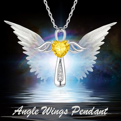 YLT S925 Sterling Silver Cross Angel Wings Necklace for Ashes | Cremation Urn Pendant Birthstone Jewelry Memorial Keepsake Memory Ashes Jewelry Gifts - color: Golden