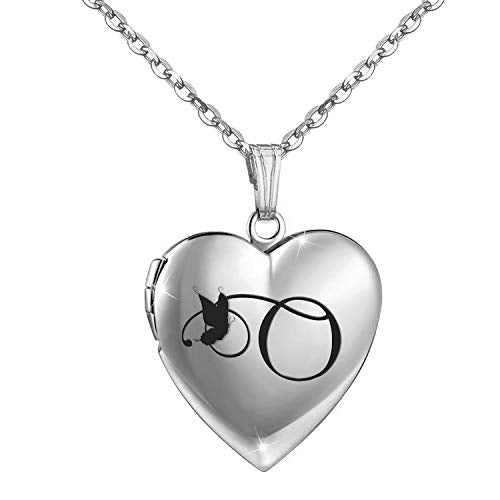 MUERDOU Butterfly Locket Necklace that Holds Pictures Initial Alphabet Letter Heart Shaped Photo Memory Locket Pendant Necklace - style: O