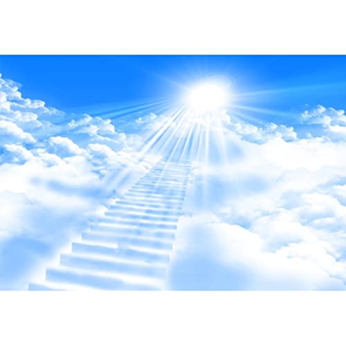 5x3ft Heaven Backdrop Stairs to Heaven Paradise Stairs Holy Light Background for Photography Blue Sky Pure White Clouds Church Events Newborn Kids Baby Shower Baptism Party Portrait Props - color: Blue01, size: 5x3ft