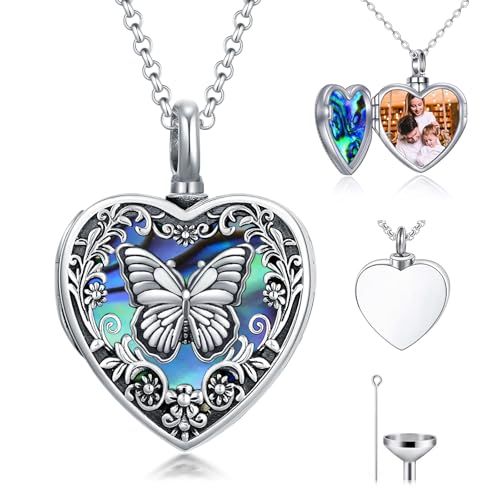 Personalized Heart Urn Locket Necklace for Ashes and Pictures 925 Sterling Silver Customized Locket Cremation Necklace for Ashes Memorial Keepsake Jewelry for Women - color: Abalone Butterfly Urn Locket, style: Custom