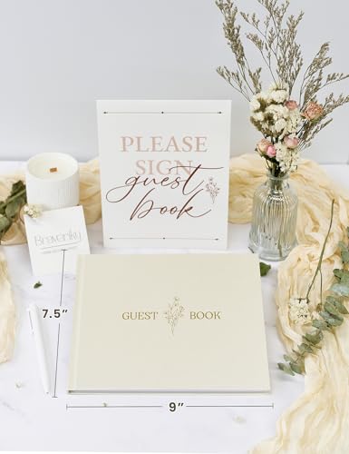 Wedding Guest Book, Polaroid Photo Guestbook for Baby Shower, 9x7.5" | Table Sign Included, Gold Stamping, Twill-Textured Hardcover, Perfect For Bridal Party & Baby Shower, White - color: Flower-beige