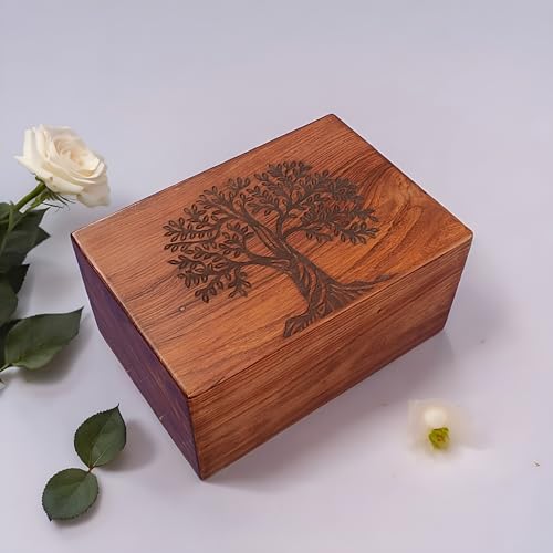 Handmade Wooden Urn for Human Ashes - Wooden Tree of Life Adult Urns - Funeral Urn for Men Women - Male Female Cremation Urn for Ash Rosewood (L-10X7X5''-260 Cu in)
