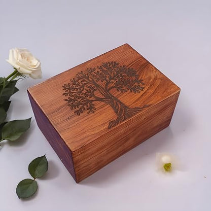Handmade Wooden Urn for Human Ashes - Wooden Tree of Life Adult Urns - Funeral Urn for Men Women - Male Female Cremation Urn for Ash Rosewood (L-10X7X5''-260 Cu in)