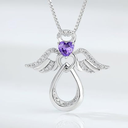 925 Sterling Silver Guardian Angel Pendant Necklace for Women with Birthstone Cubic Zirconia Little Angel Pendant Necklace Jewelry 18 inch Chain - color: 02-Feb-Amethyst