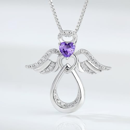 925 Sterling Silver Guardian Angel Pendant Necklace for Women with Birthstone Cubic Zirconia Little Angel Pendant Necklace Jewelry 18 inch Chain - color: 02-Feb-Amethyst