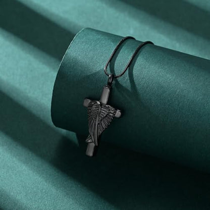 Cross Cremation Jewelry Urn Necklaces Cross Angel Wings Urn Necklaces for Ashes Memorial Keepsake Pendant for Women Men Gifts With Funnel Kit & Bag - color: Black