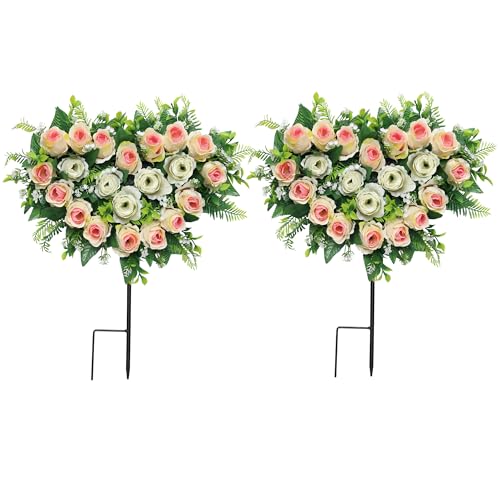 Lodou 2 Sets Artificial Cemetery Flowers, Grave Memorial Flowers with Ground Spike,Heart Shaped Wreaths Rose for Artificial Rose Decoration for Cemetery Headstones Gravesites (Beige) - color: Beige