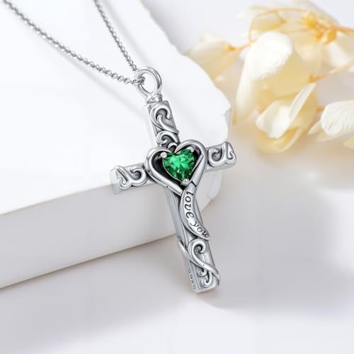 TOUPOP Cross Urn Necklaces for Ashes Birthstone Cremation Jewelry 925 Sterling Silver Cross Memorial Keepsake Jewelry for Women (with Funnel Filler) - color: 05-May-Emerald