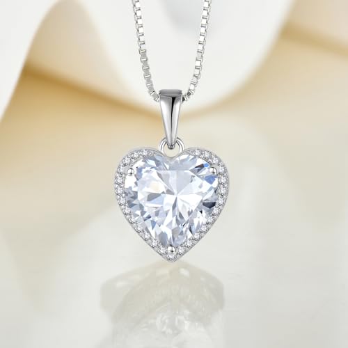 925 Sterling Silver Halo Heart Necklace for Women | Lwsary Love Heart Necklace, Heart Cut Birthstone Jewelry for Her - color: Clear White