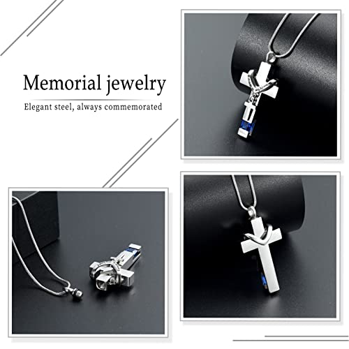 Forever in My Heart Birthstone Personalized Double Cross Urn Pendant Cremation Jewelry for Ashes Cross Ashes Keepsake - color: Silver-Blue