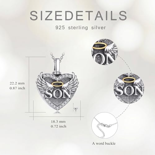 Family Members Urn Necklace for Ashes 925 Sterling Silver Angel Wings Heart Cremation Memorial Keepsake Pendant Jewelry for Loved One's Ashes, with 18" + 2" Stainless Steel Chain - style: Heart-Son
