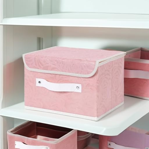 ANMINY Fabric Storage Box Bins with Lids, Rose Print, Pink, Small | Keepsake Memory Storage, Nonwoven Fabric, PP Board Frame, Washable, PU Handles, Foldable Stackable, Decorative, 10"x8"x7" - size: Small (Pack of 1)