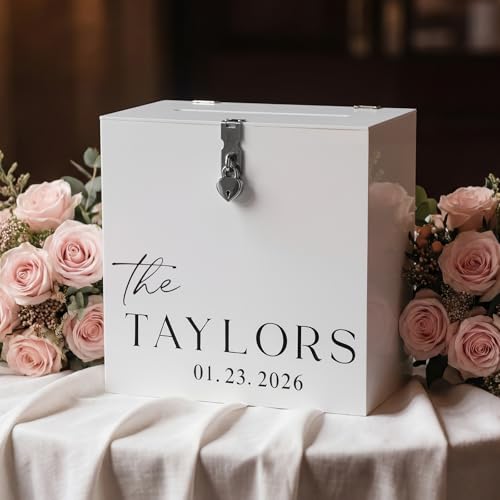Novabright 10 Inches Wedding Acrylic Card Box with Slot Lock and Last Name Transfers Money Box for Bridal Shower Wedding, Baby Shower Birthday Party, No Assembly Needed(White,Classic Style) - color: White, style: Classic Style