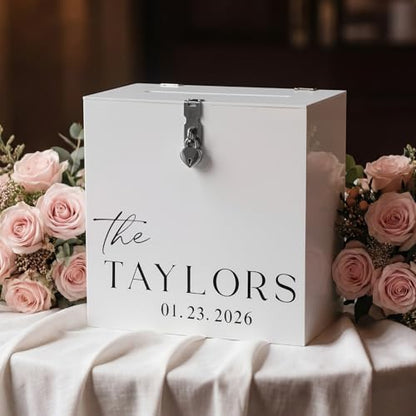 Novabright 10 Inches Wedding Acrylic Card Box with Slot Lock and Last Name Transfers Money Box for Bridal Shower Wedding, Baby Shower Birthday Party, No Assembly Needed(White,Classic Style) - color: White, style: Classic Style