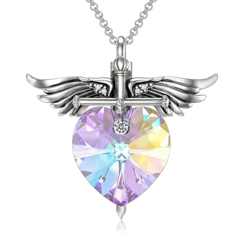SOULMEET Memorial Wings Necklace for Ashes with Large Heart Crystal Birthstone, Angel Wings Urn Necklaces with Heart Shaped Birthstone Keepsake Silver Cremation Jewelry - style: D-April