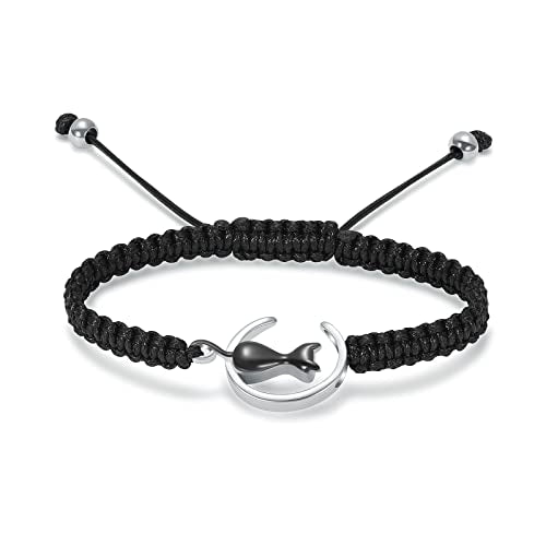 constantlife Cat Cremation Urn Bracelet for Pet Ashes Handmade Braided Rope Adjustable Bangle Stainless Steel Urn Bangle Memorial Jewelry - color: Silver+Black