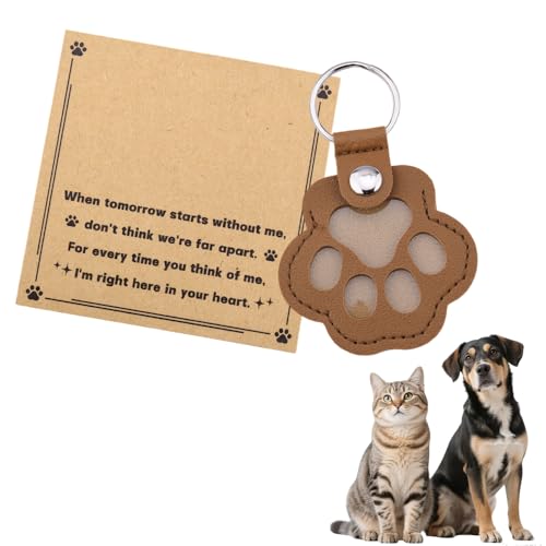 Leather Paw Print Keychain for Dog Cat Pet Hair Keepsake Keychain Sympathy Memorial Gift for Loss of Cat Dog Puppy - color: Brown