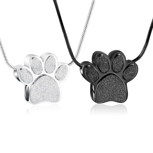 Paw Print Urn Necklace for Ashes Pet Paw Cremation Jewelry Ashes Necklace Keepsake Memorial Jewelry for Pet/Dog's/Cat's Ashes Pendant Gifts for Men/Women - color: Silver+black