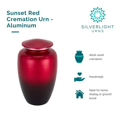 Sunset Red Aluminum Cremation Urn for Ashes, Aluminum, Red Urn, Adult Sized Cremation Urn, 10.5 Inches High - color: Red