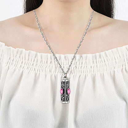 XIUDA Crystal Cremation Urn Necklace for Ashes Keepsake Stainless Steel Memorial Pendant with Flower - color: Pink