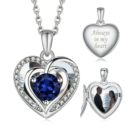 Locket Heart Necklace that Holds Pictures Photo Lockets Birthstone Pendant Anniversary Memorial Jewelry Gifts for Women - color: 09-September-Silver-Heart Locket