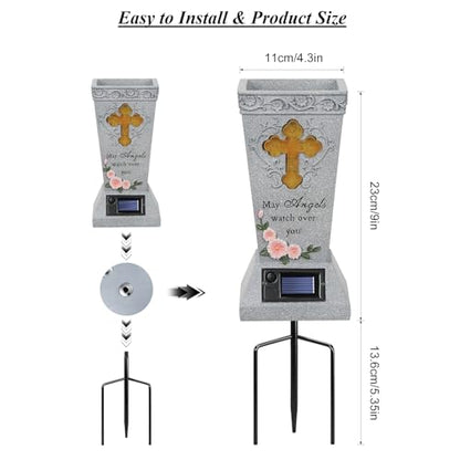 2 Pack Solar Cemetery Grave Vase with Spike, 14.3"x4.3" Angel & LED Cross | Removable Ground Stake for Headstone Flower Holder, Cemetery Decorations for Grave - size: 2 Pack