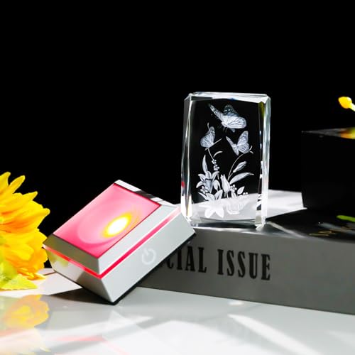 YWHL 3D Crystal Butterfly Gifts for Women, Laser Engraved Butterfly and Lily Flower Figurines with Light Base for Butterfly Lovers Nature Lovers, Gifts for Birthday Christmas - color: Butterfly and Lily Flower