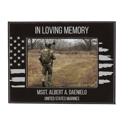 CustomGiftsNow In Loving Memory, Personalized Miltary Service Member, Custom Text Engraved Leatherette Faux Leather Hanging/Tabletop Personalized Landscape Group Family 4x6 Photo Black Picture Frame