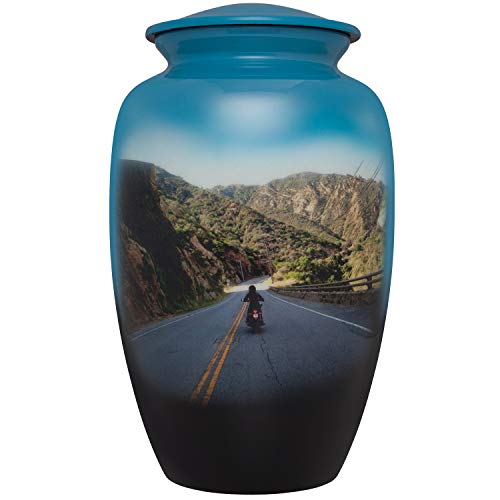 Motorcycle Funeral Urn with Mountain Scene - Cremation Urn for Human Ashes - Aluminum -Suitable for Cemetery Burial or Niche - Large Size fits Remains of Adults up to 200 lbs - color: Motorcycle Hills