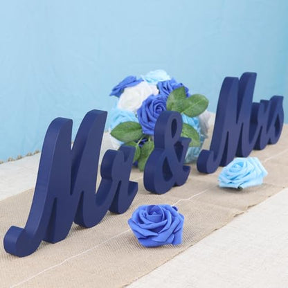 Mr & Mrs Signs Table Decor: Rustic Wooden Freestanding Letters - Wedding & Anniversary Props (Navy Blue) - color: Navy blue