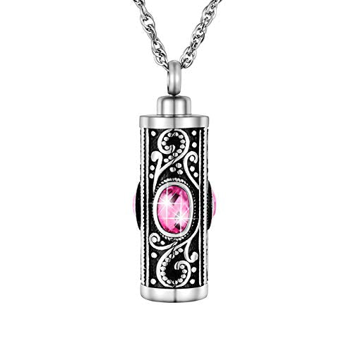 XIUDA Crystal Cremation Urn Necklace for Ashes Keepsake Stainless Steel Memorial Pendant with Flower - color: Pink