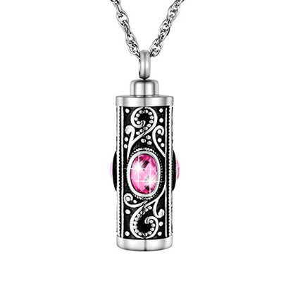 XIUDA Crystal Cremation Urn Necklace for Ashes Keepsake Stainless Steel Memorial Pendant with Flower - color: Pink