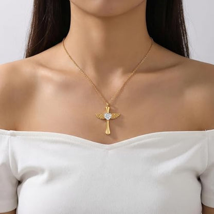 14K Gold Angel Wings Cross URN Necklace Cremation Necklaces for Ashes Embellished with Birthstone, Yellow Gold Fine Keepsake Memorial Jewelry - color: March Birthstone
