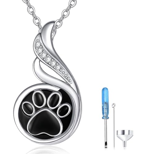 TANGPOET Paw Print Urn Necklace For Pet Ashes, Dog Cat Ashes Necklace for Men Women, 925 Sterling Silver Cremation Keepsake Memorial Jewelry Gifts - style: Drop