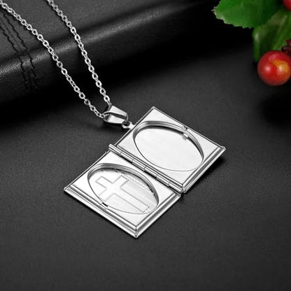 Bible Locket Cross Photo Necklace That Holds Pictures for Men Women | Stainless Steel Openable Keepsake Personalized Faith Gifts for Birthday Anniversary Christmas Memorial Day, 17.7 Inch Chain - color: Silver-Bible Cross