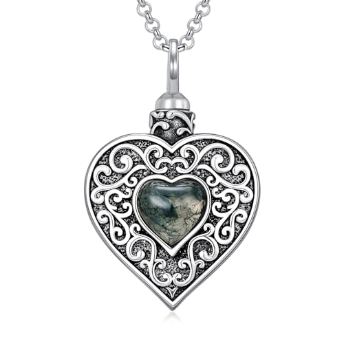 Rose & Daisy Urn Necklace - Sterling Silver Cremation Keepsake Memorial Jewelry - style: Heart Urn Necklace-Moss Agate