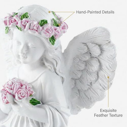 Guardian Angel Statue Angels Figurines with Pink Roses | Resin Cherub Statue, Outdoor Statues For Garden, Sympathy Guardian Angel Gift, Angel Gifts For Women, Yard Statues - color: Roses