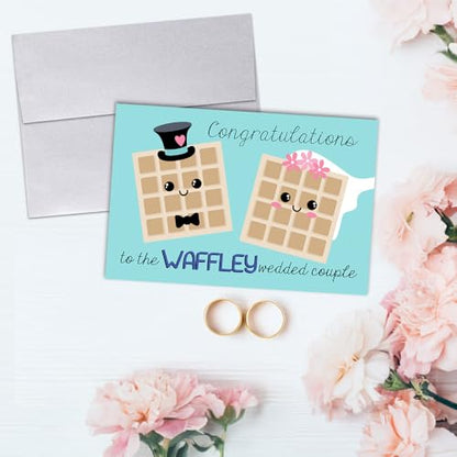 Funny Wedding Card for Newlyweds – Waffle-y Wedded Silly Waffle Themed Greeting for Bride and Groom Wedding Day- Congratulations to the Happy Couple 4X6 inch Card with Silver Envelope Included - style: Waffle
