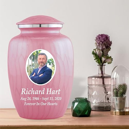 Personalized Photo Cremation Urns for Adult Ashes Male Female - 200lbs Custom Photo Burial Urns for Human Ashes - Engraved Handcrafted Funeral Decorative Urns for Adult with Velvet Bag, Pink Enamel
